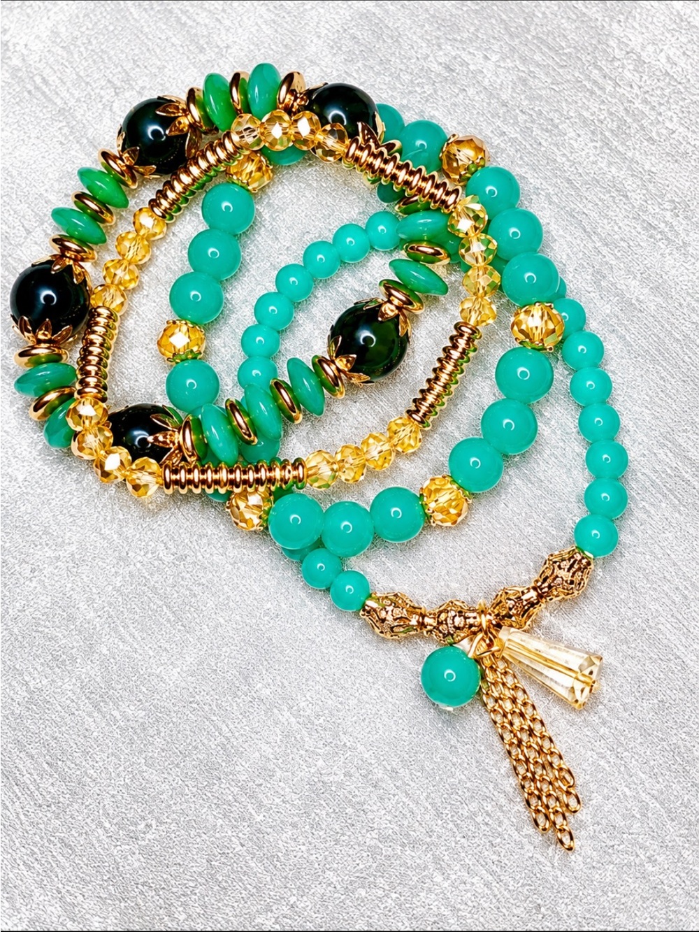 FRIENDSHIP BRACELETS 4 Strands Tan Crystal and Aqua Stone Stretchy TAYLOR SWIFT
